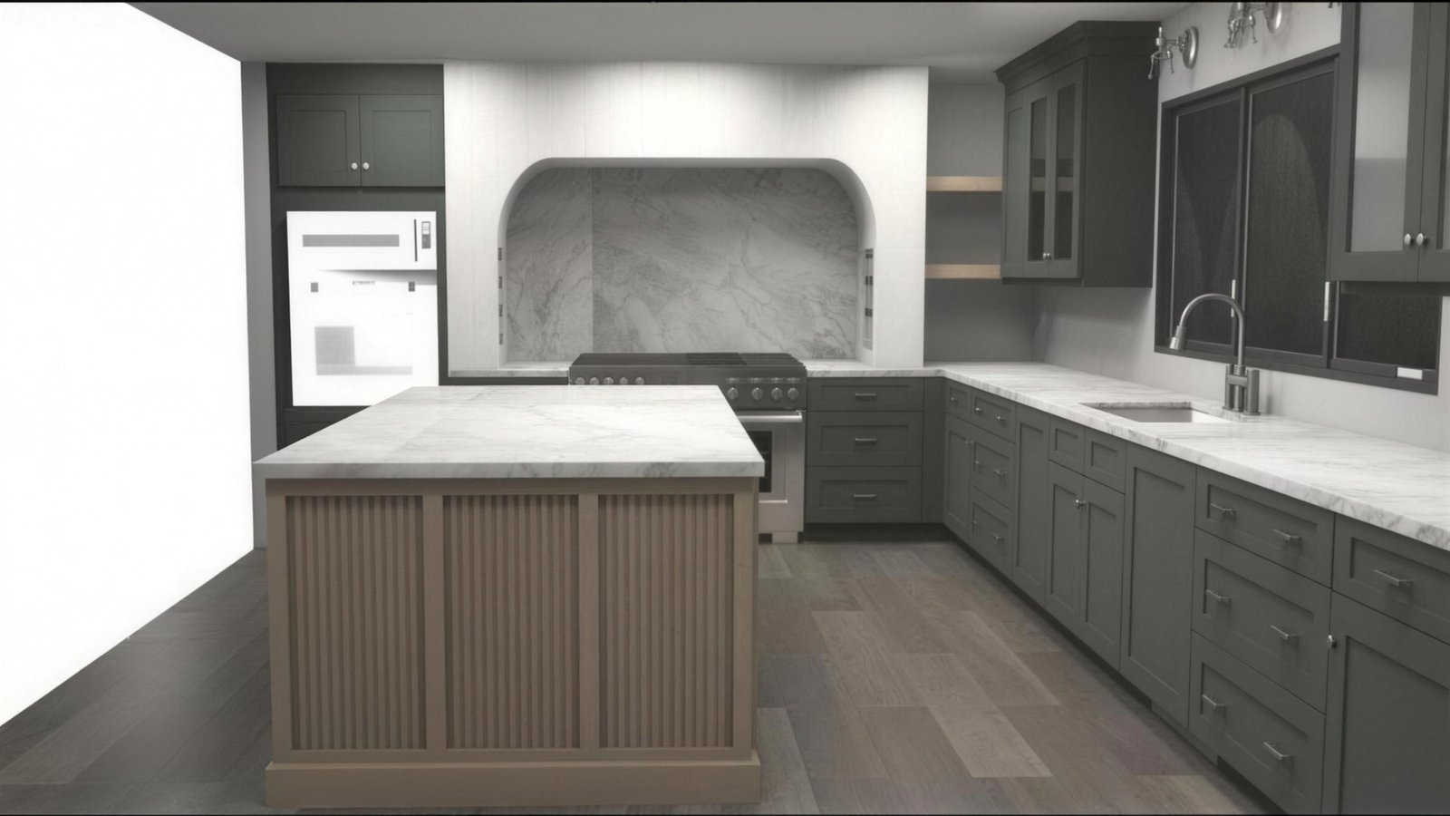 3D design render of the green kitchen